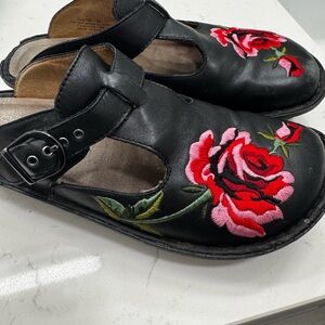 Alegria Black Mules with Red Floral Embroidery